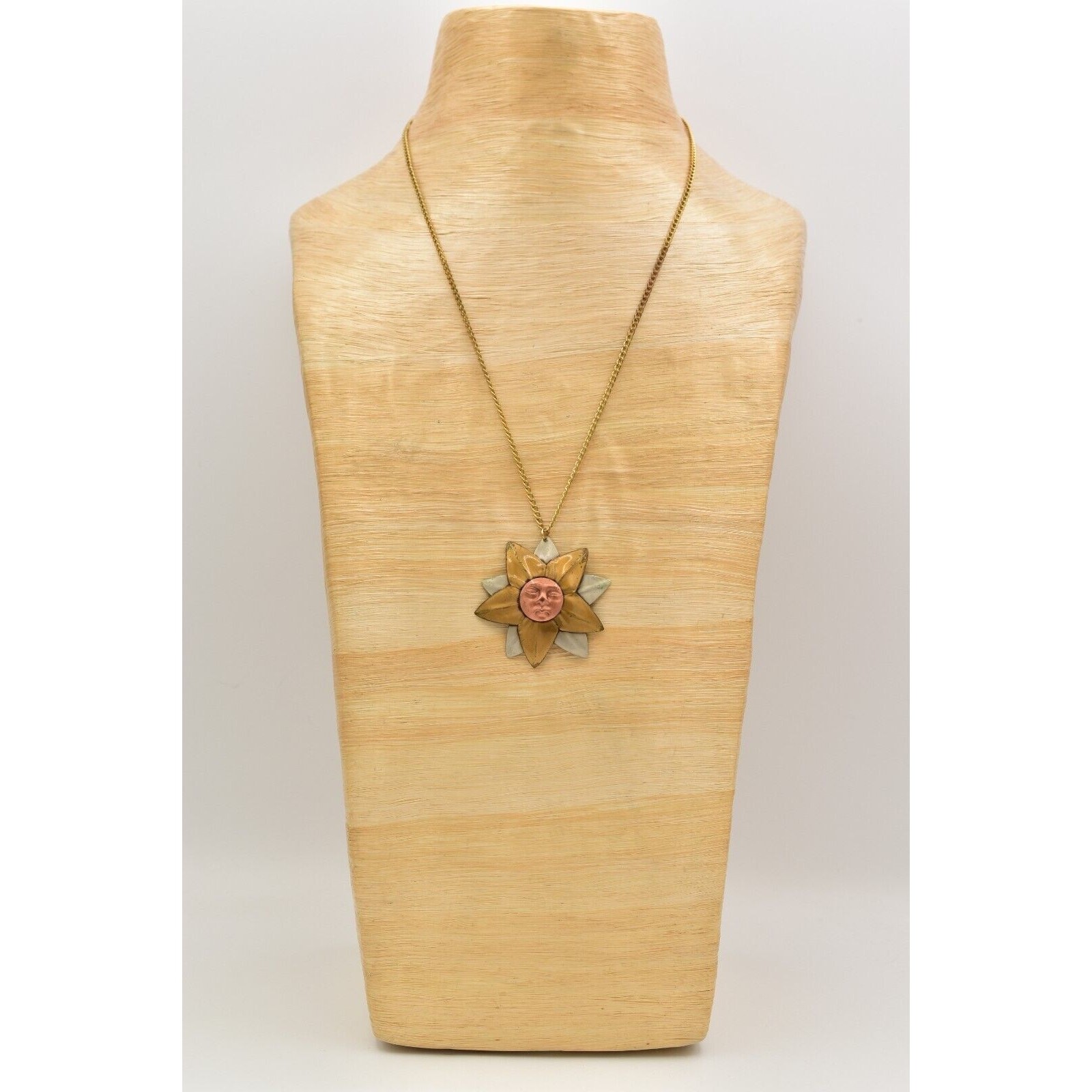 Vintage Sun Flower Pendant Necklace Copper Gold Silver Mixed Metal 1970s BinBH