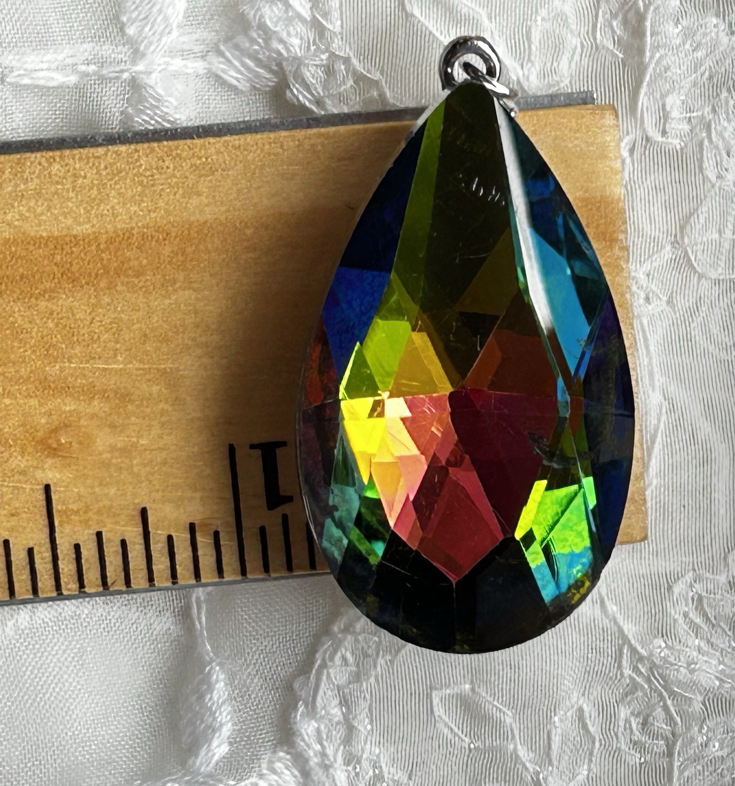 Vintage Vitrail Rainbow Faceted Crystal Teardrop Pendant Silver Tone Bail