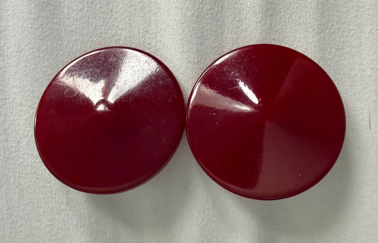 Vintage 1930s Art Deco Maroon Burgundy Plastic Circle Pair of Dress Clips