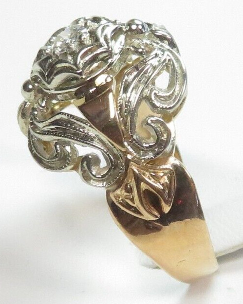Antique 1920’s Diamond Unisex Engagement 17K Two Tone Ring Size 7.25 UK-O Deco