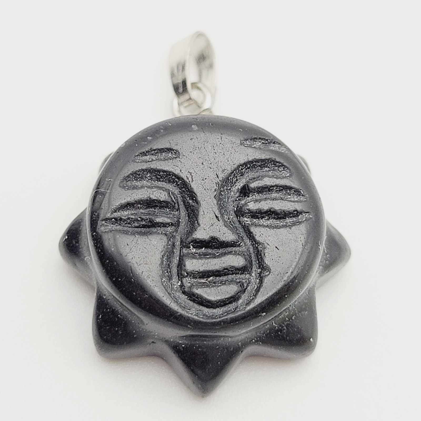 Obsidian Sun Face Black Carved Stone Silver Tone Bail Pendant Charm No Chain