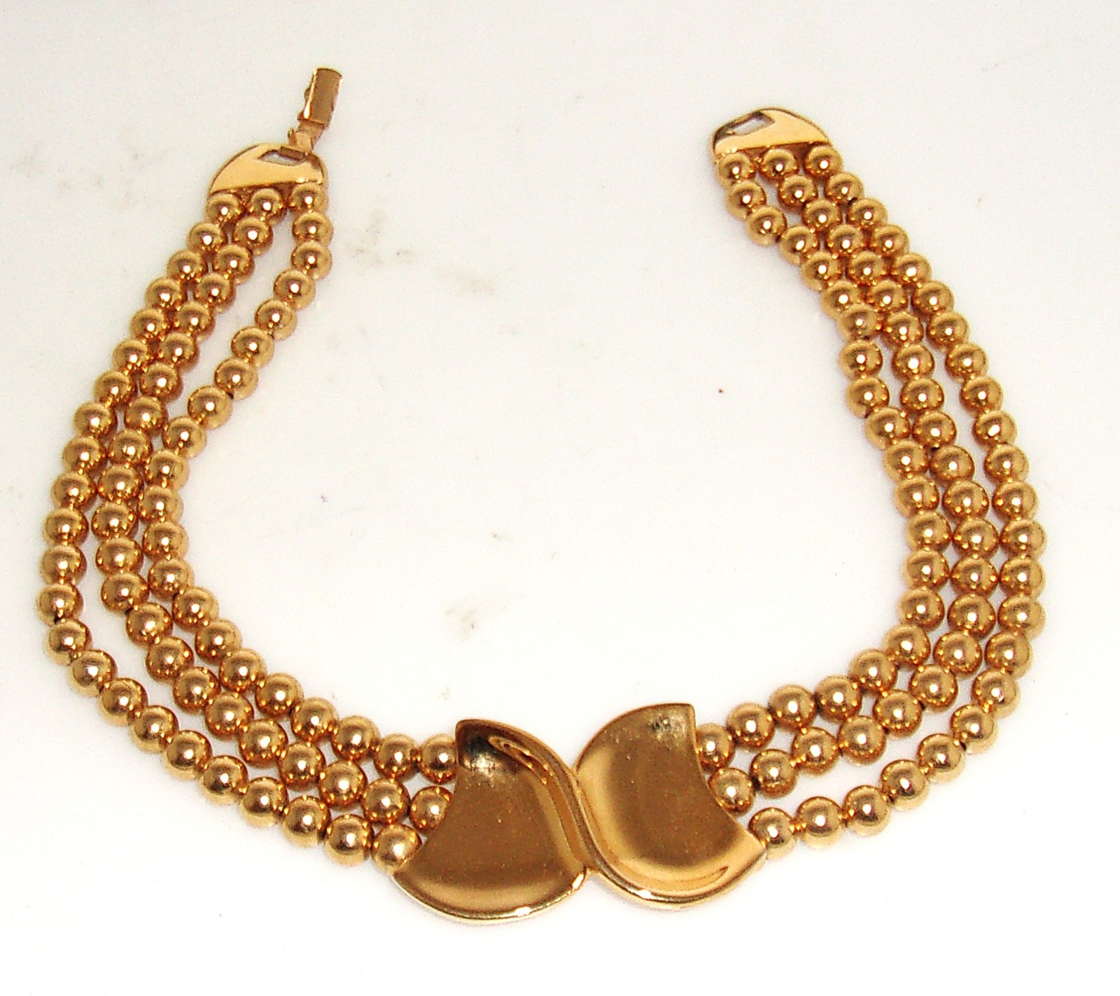 Vintage Tri Strand Beaded Napier Wide Gold Tone Statement Runway Necklace 16″