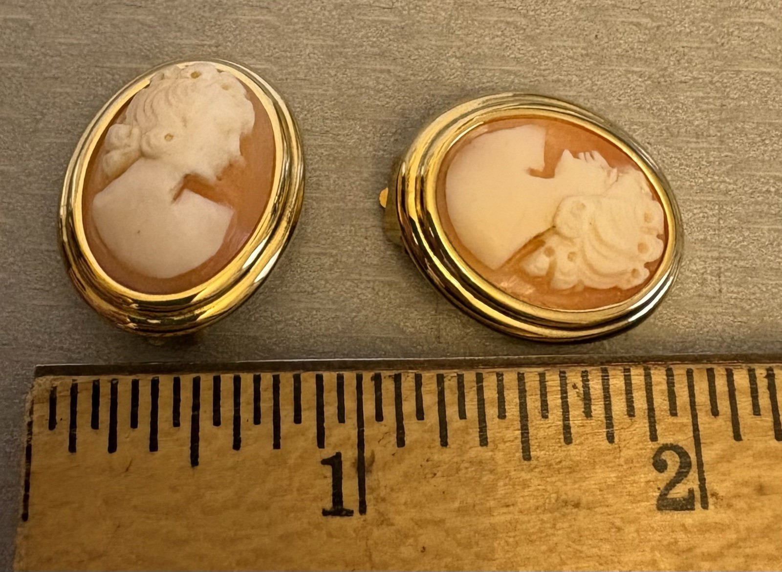 Vintage Cameo Clip On Earrings Hand Carved Shell Goldplated Left/Right Sisters