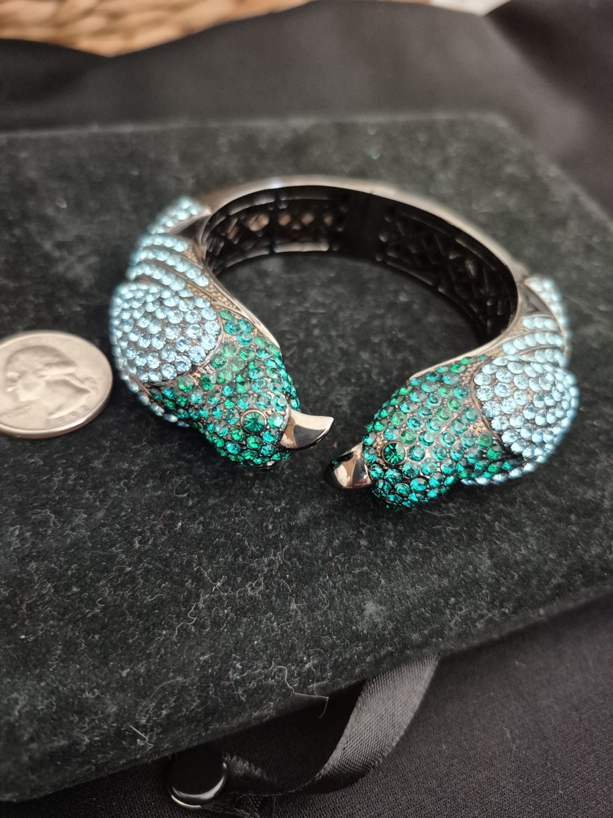 BLACK ENAMEL BLUE GREEN PAVE RHINESTONE PARROT BIRD BRACELET SIGNED