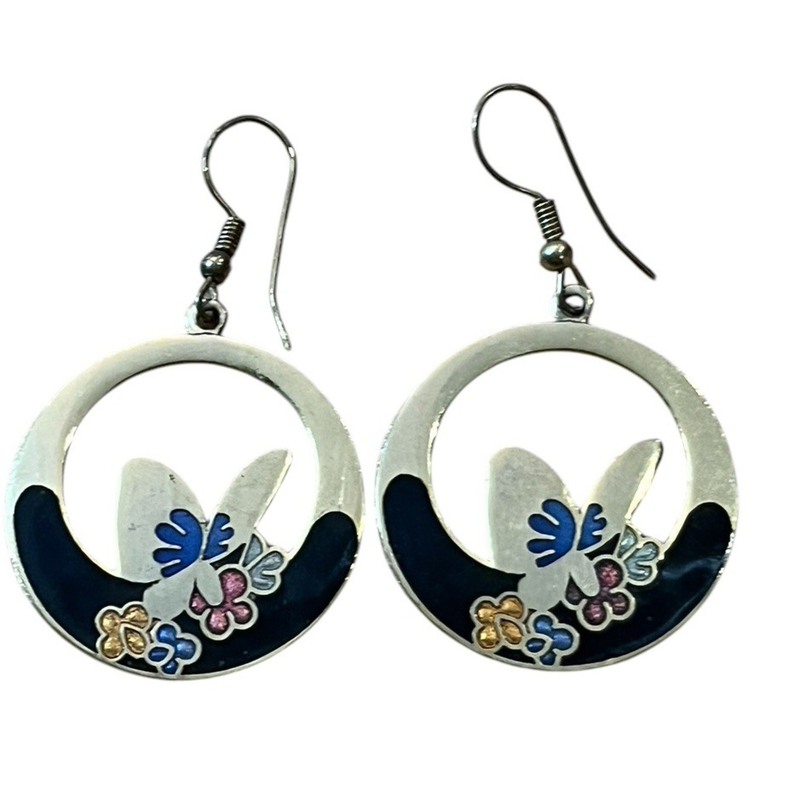 VTG Cloisonné Enamel Earrings Black Butterflies Gold Colored Metal 2” 1980s
