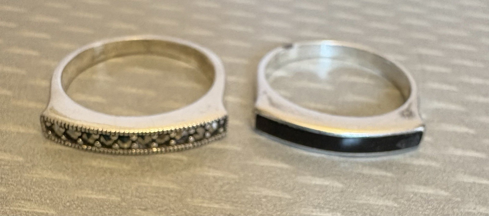 Pair Stackable Sterling Silver Band Rings Flat Top Marcasite Black Enamel size 8