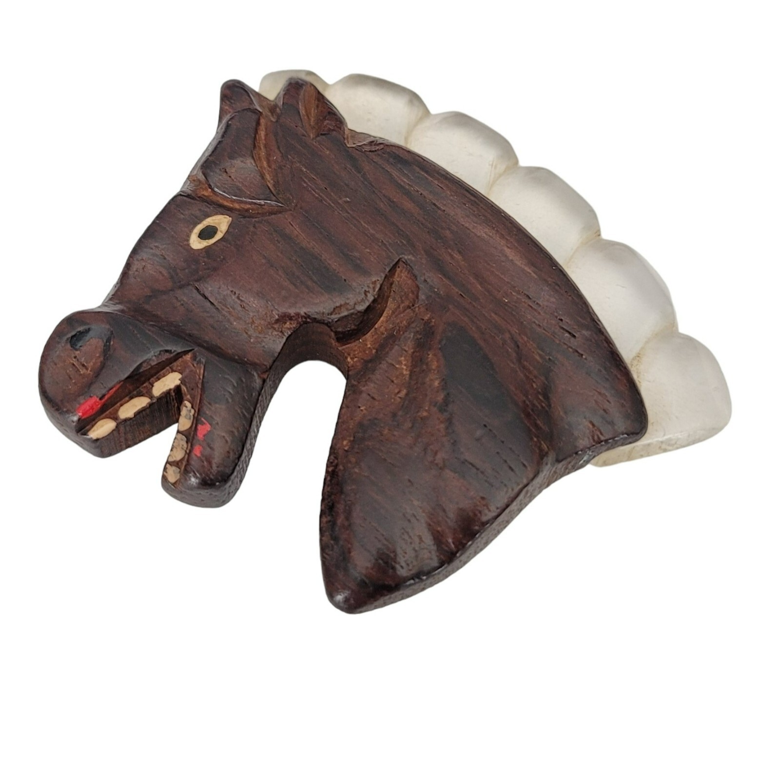 Clear Lucite And Carved Wood Horse Head Brooch M154