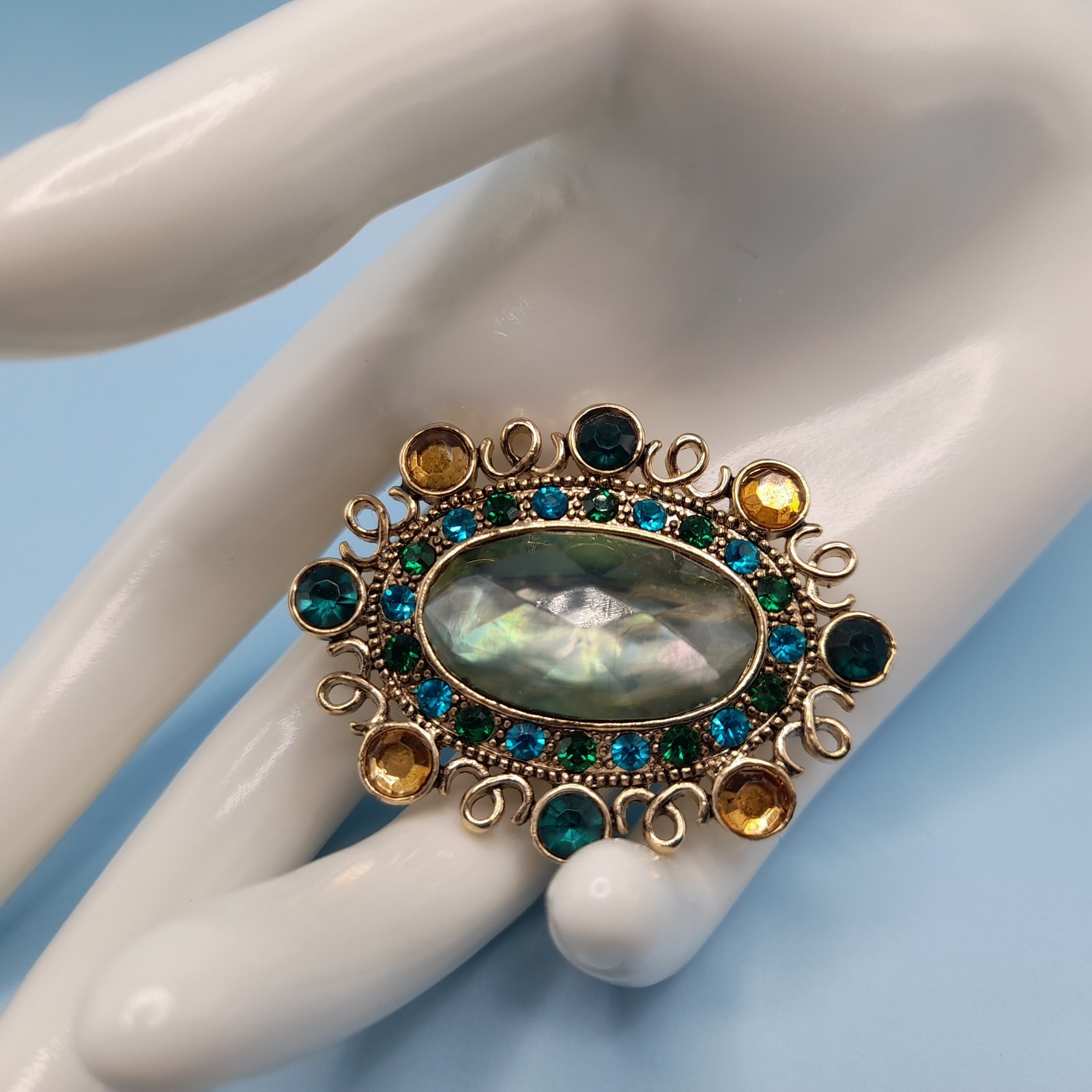 Vintage Monet Brooch, Light Green Teal Blue Accents, 1990s, 2 Inches