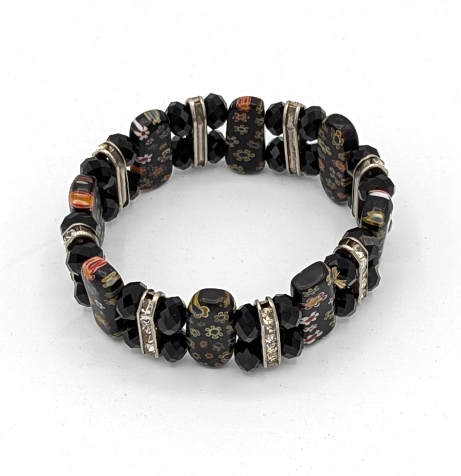 Vintage Millefiori Bracelet Beaded Stretch Clear Rhinestones Black Faceted Beads