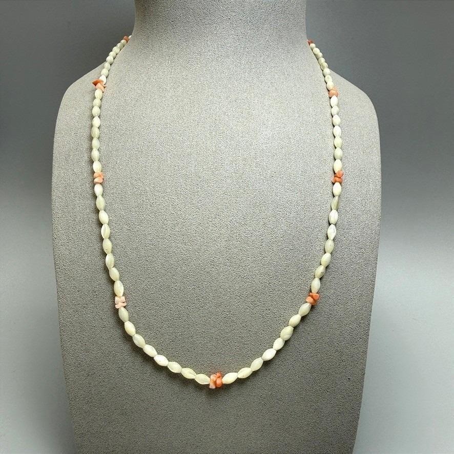Vintage Mother of Pearl and Coral Bead Necklace 23″ Statement Summer Dainty