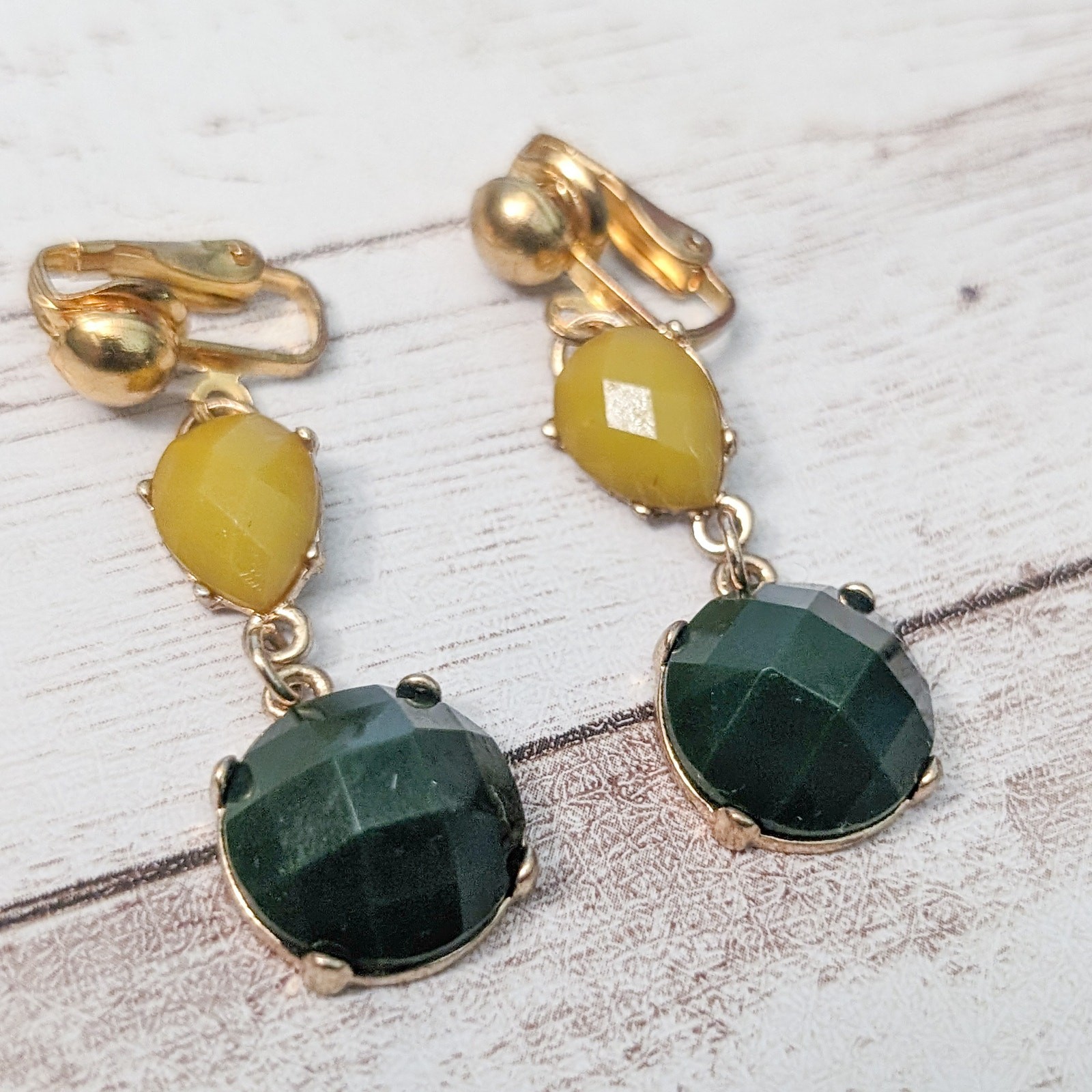 Vintage Clip On Earrings Dark Green and Dusky Yellow