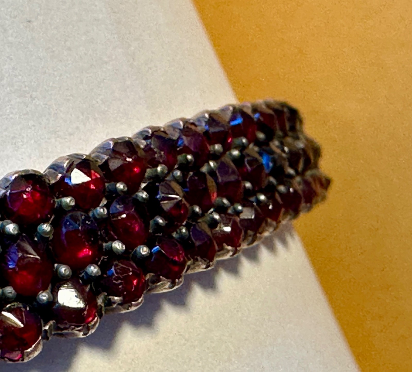 Antique rose cut Garnet & Silver bangle Hinged w/safety chain (see cond.)