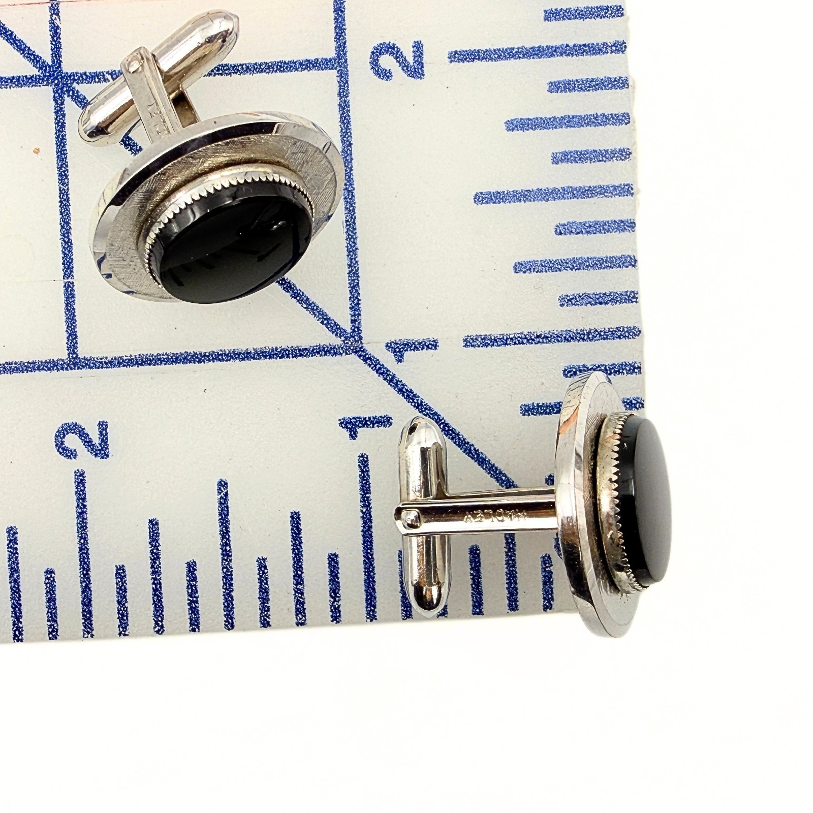 Hadley Signed MCM Round Black Glass “Mad Men” Era Textured Cufflinks