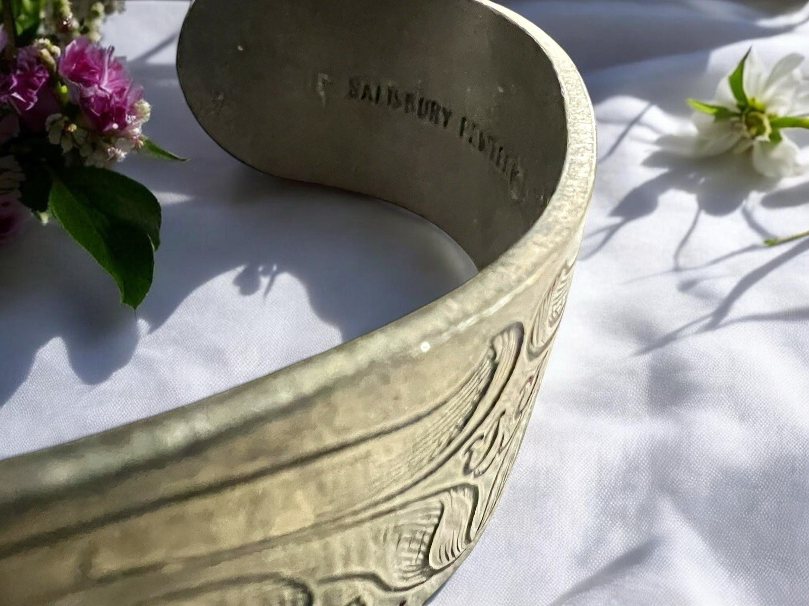 Salisbury Pewter Flower of the Month May Lilly Of Valley 2” Wide Cuff Bracelet