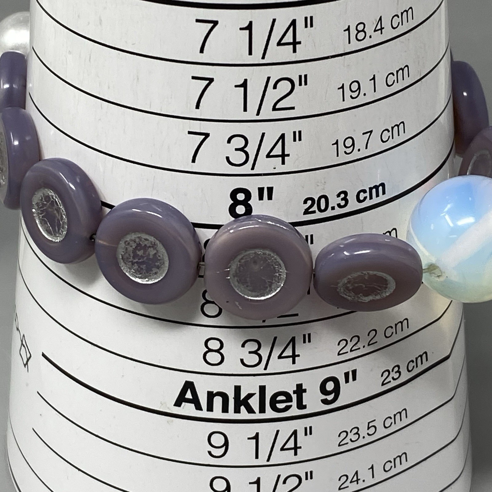 Czech Glass Bead Bracelet Stretch Purple Coin Metallic Large Opalescent 8″