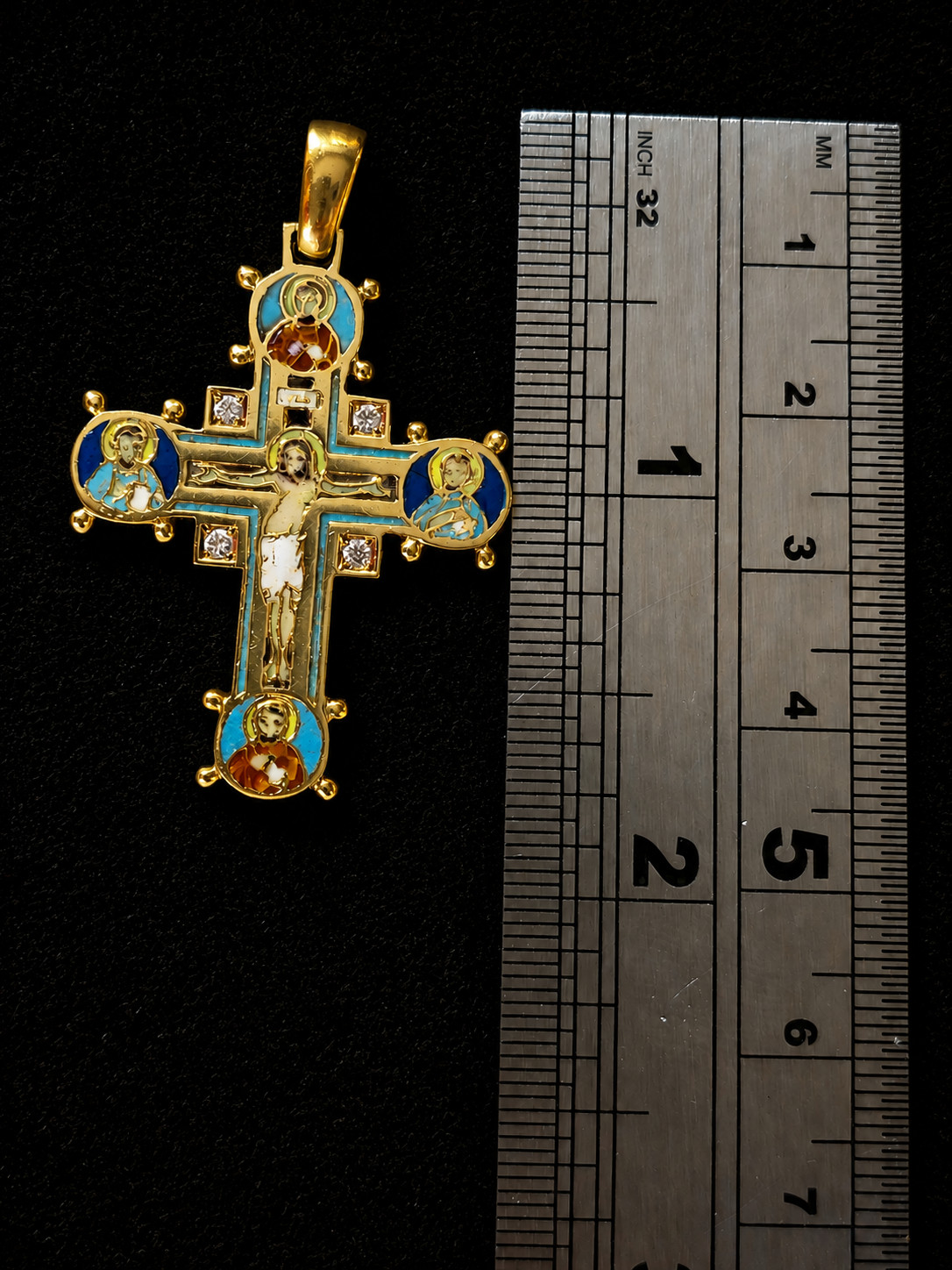 Antique Byzantine Revival Cross Pendant 18K Gold Enamel 4 Diamond Rare Religious