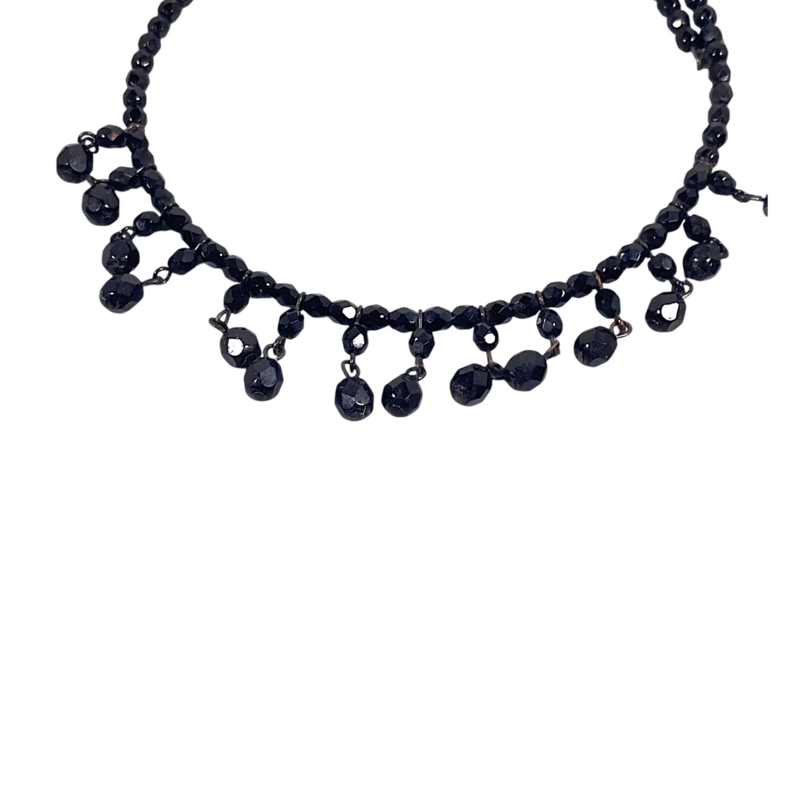 Victorian Revival Choker Necklace 16″ Black Glass Wire Dangle MCM VTG Witch Goth