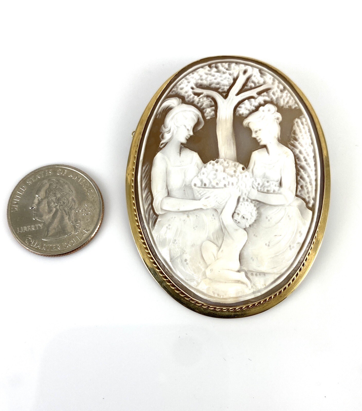 Vintage Large European 9 Karat Gold Framed Shell Cameo with Classical Scene