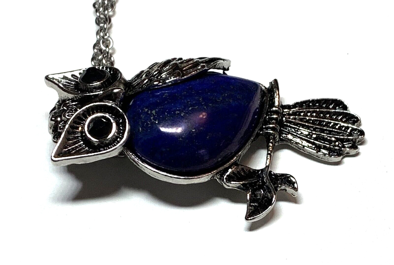 Lapis Lazuli Owl Pendant Glass Rhinestone Eyes Stainless Steel Chain Necklace