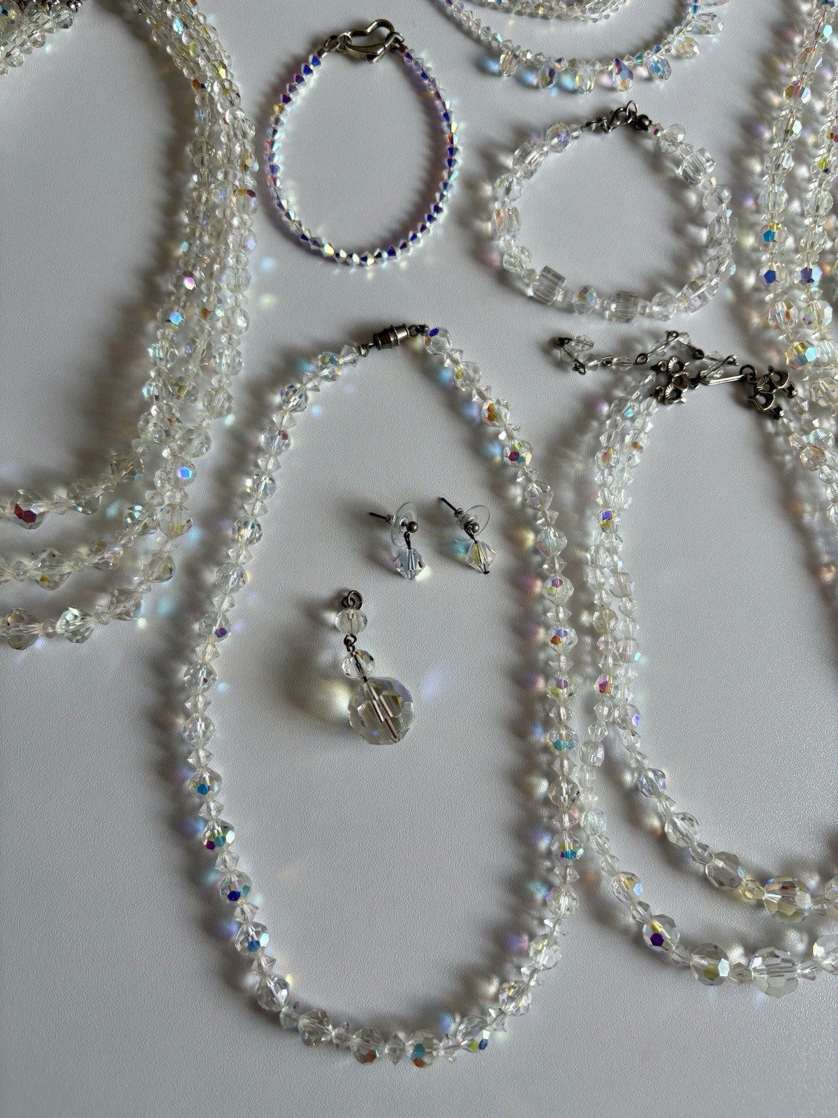 Vintage Crystal Aurora Borealis Necklace Bracelet Earrings Brooch Pin Ring Lot
