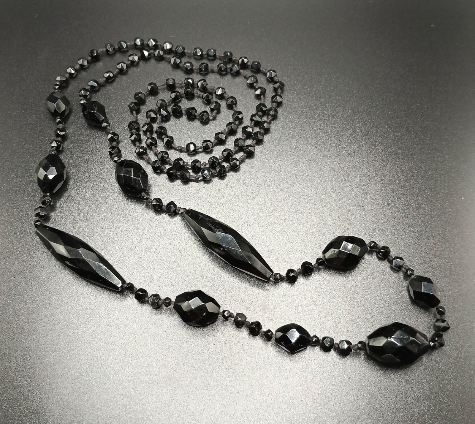 French Jet Multi-Size Bead 44” Necklace, Hand Knotted, No Clasp