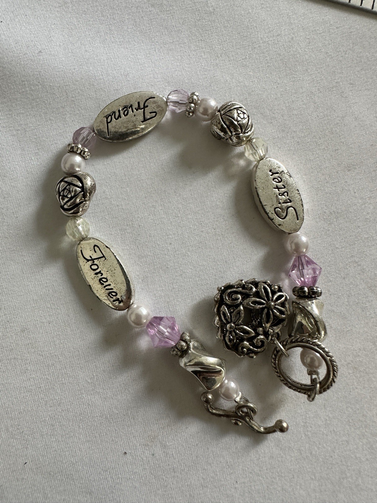 Vtg Sister Friend Forever Bracelet Faux Pearl Floral Filigree Heart Charm Rose