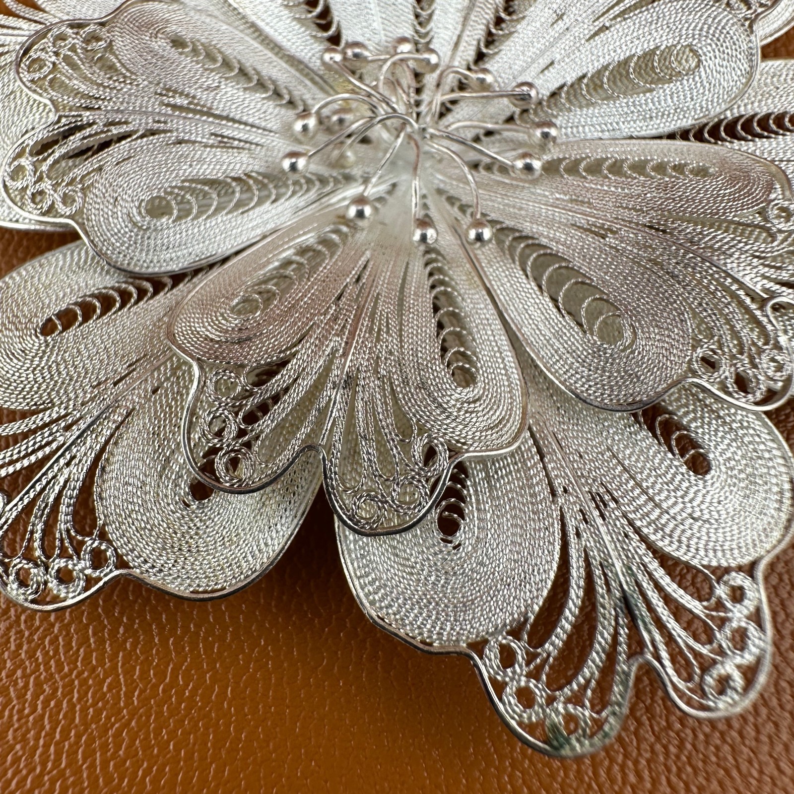 Vintage Sterling Silver Flower Brooch Pin Cannetille Filigree Floral 925 Signed