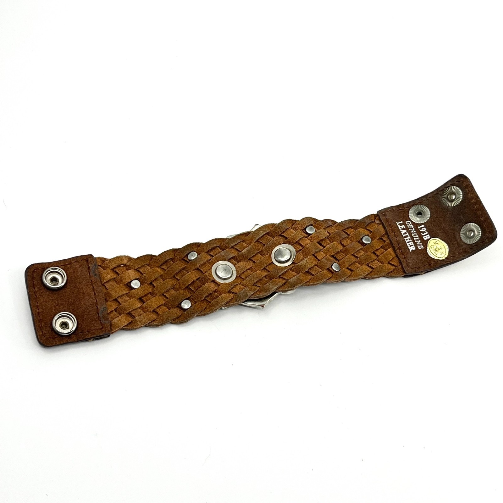 Vintage Y2K Brown Braided Leather Rhinestone Flower Cuff Bracelet Boho Retro