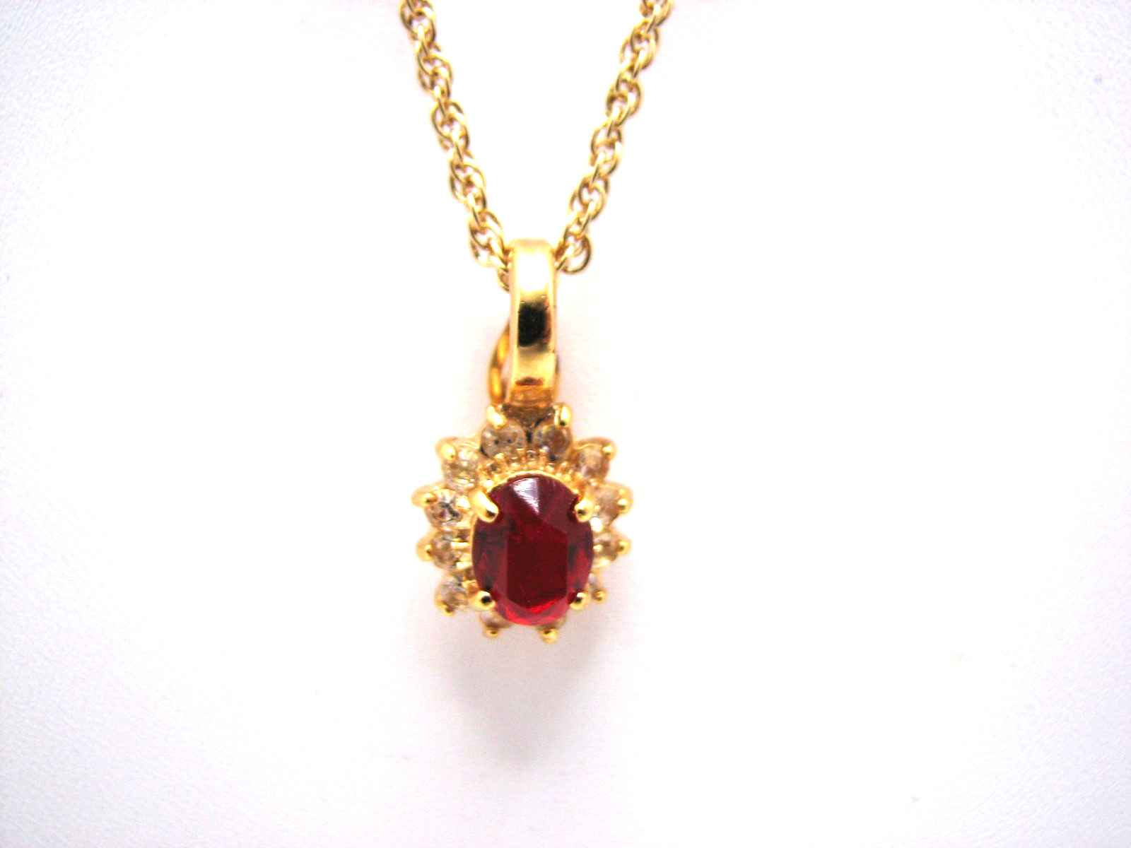 Vintage Simulated Ruby & Clear Crystal Pendant Necklace Enhancer Gold Tone
