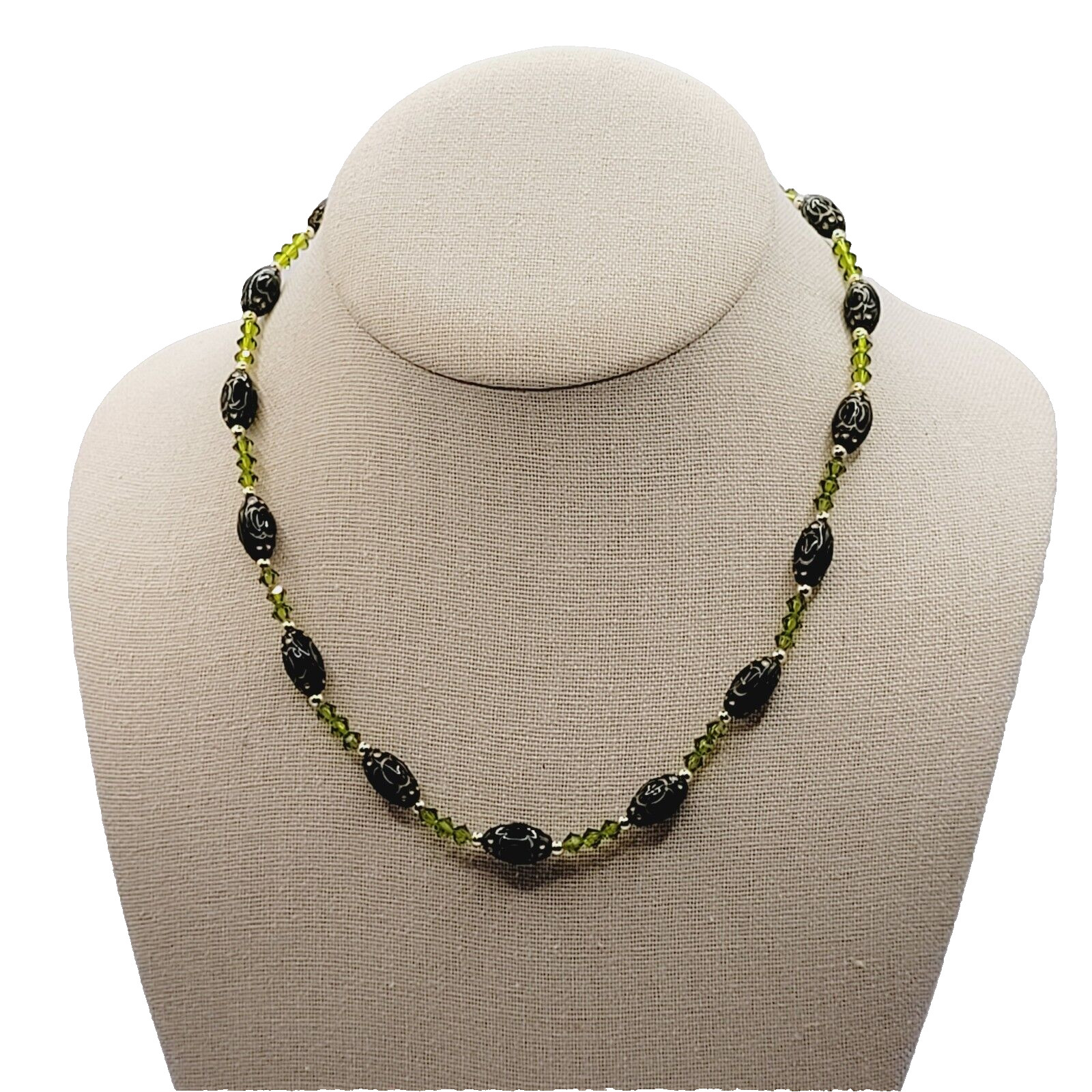 Green Art Glass Crystal Vintage Necklace Light & Dark Green Shades Gilded Beads