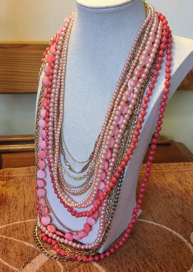 VTG Park Lane Faux Coral Gold Tone Waterfall Necklace Peach Shell Multi Strand
