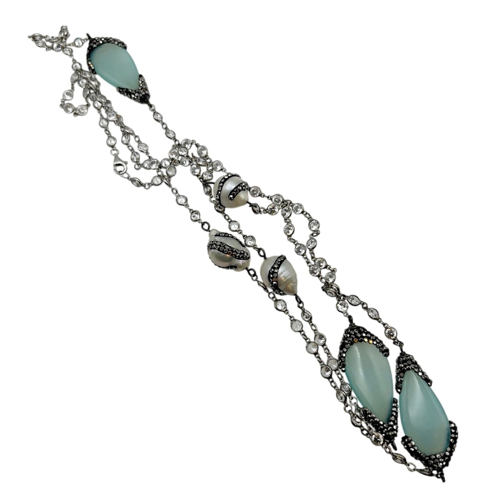 Sterling Silver Necklace Chalcedony Charms and Fresh Water Pearls 40”