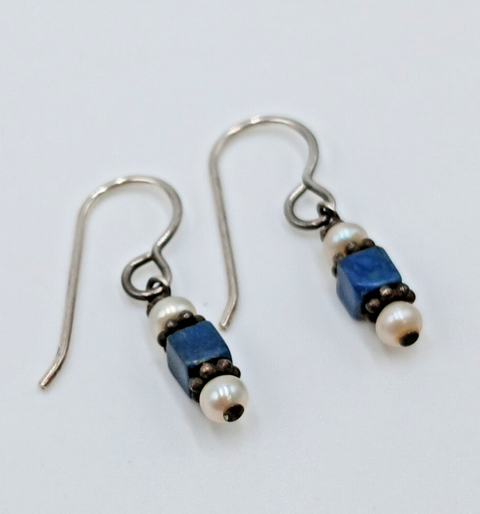 VTG Beaded Dangle Earrings 1in Drop Blue Stone Seed Pearl Silver Tone Estate