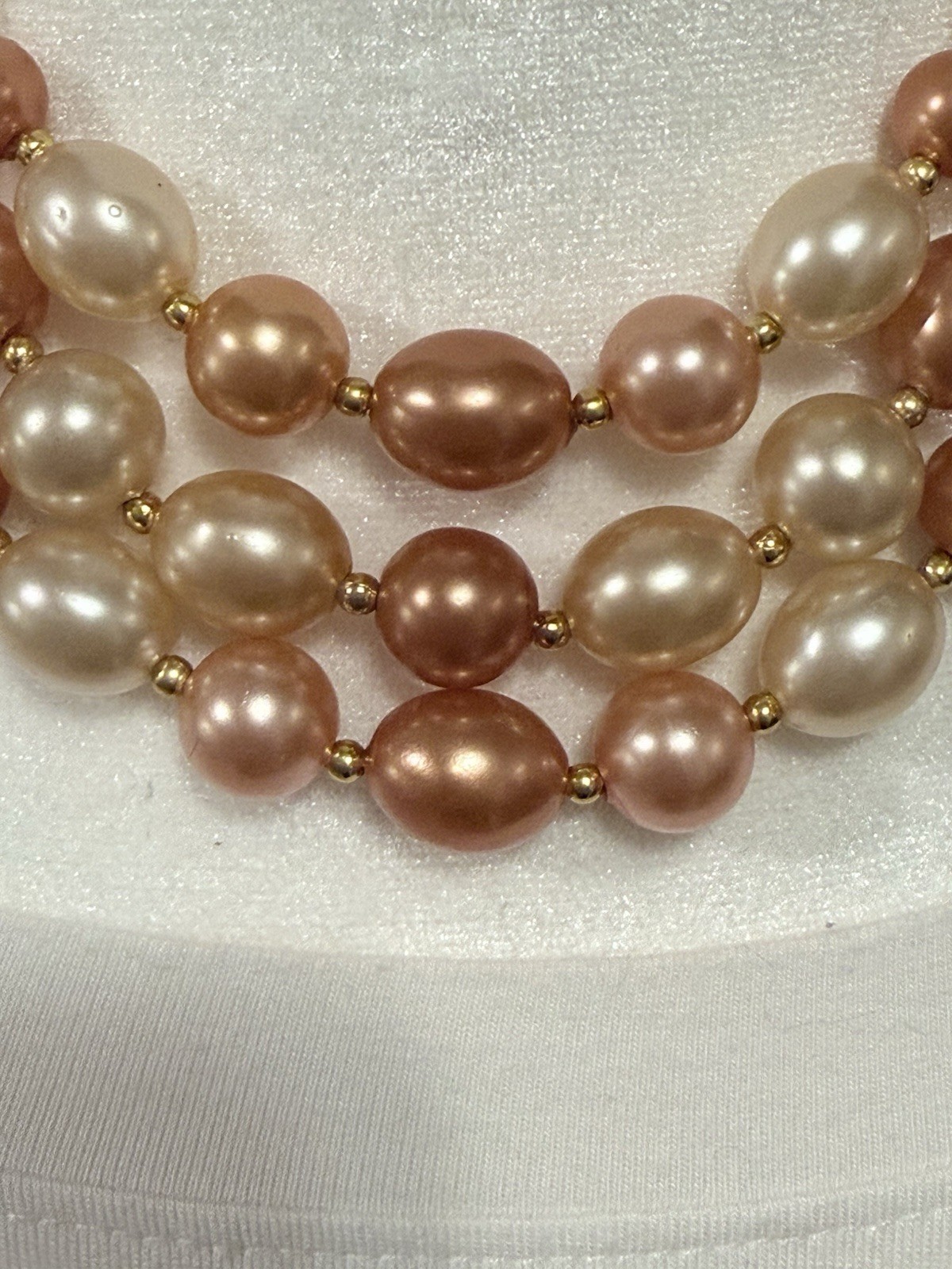 Vintage Triple Strand Made In Hong Kong Peach Cream Beaded Necklace