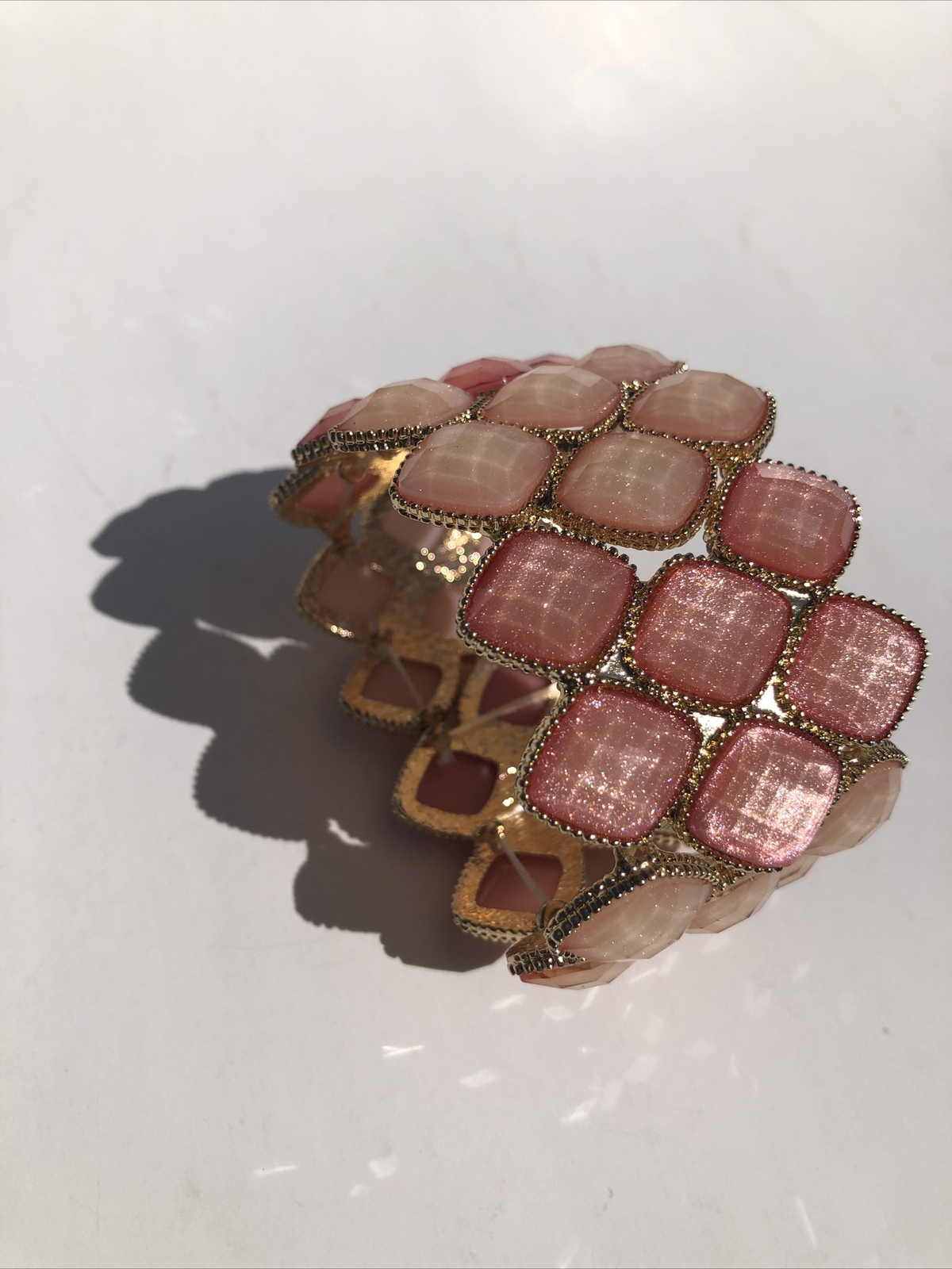 Pink Stone Stretch Cuff Bracelet Gold Tone Statement Piece Costume Jewelry