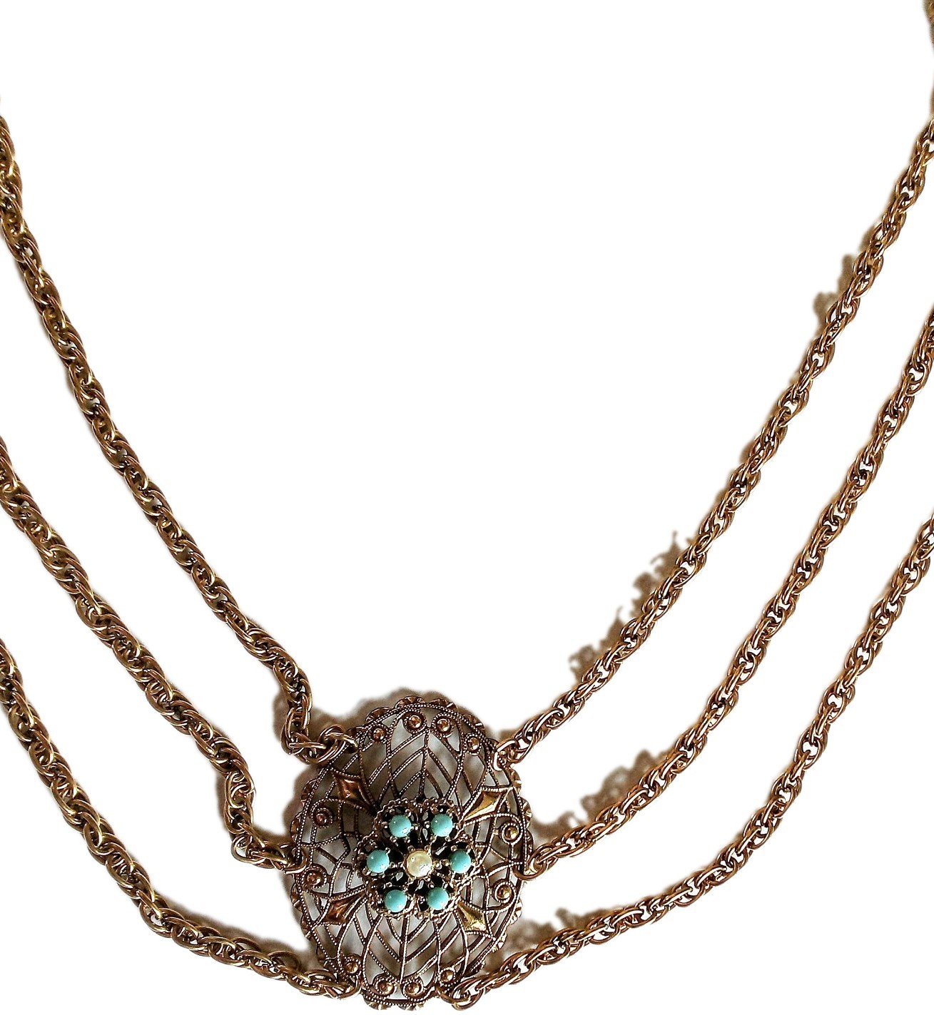 Vintage Gold Tone Chain With Faux Turquoise And Pearl Necklace Or Belt