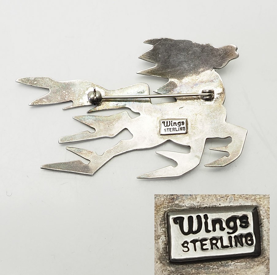 Sterling silver gemstone large abstract running horse pin by Wings