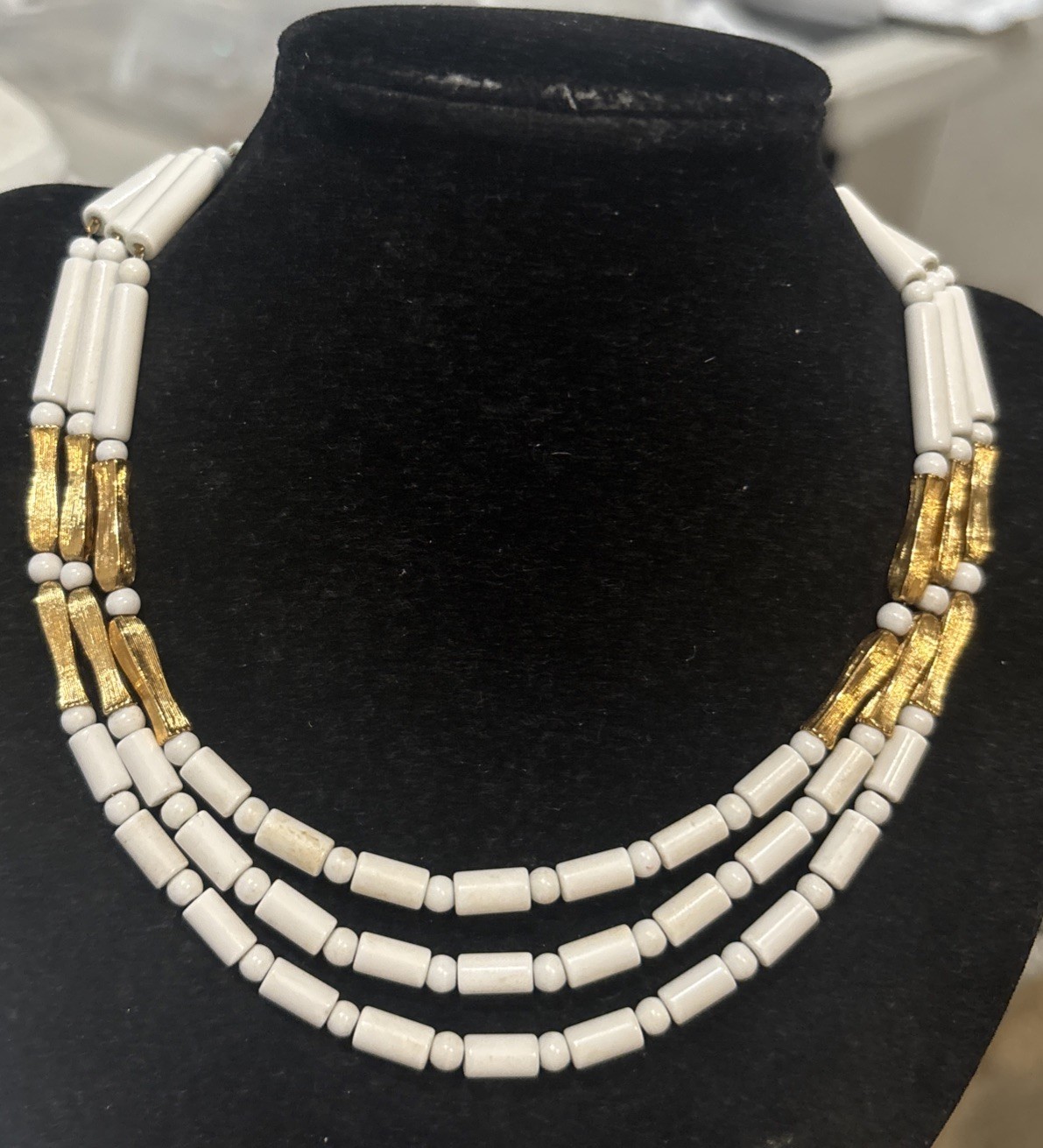 Vintage Gold Tone White Lucite Signed Monet Triple Strand Necklace 15-17”