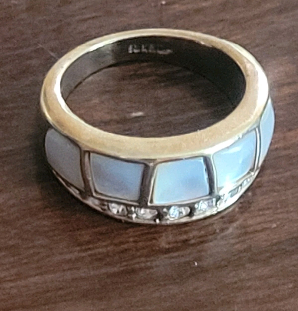 Vintage 18K Rolled Gold Plate Ring Wt 7.4 Grams Mop Inlay / Rhinestone Size 8