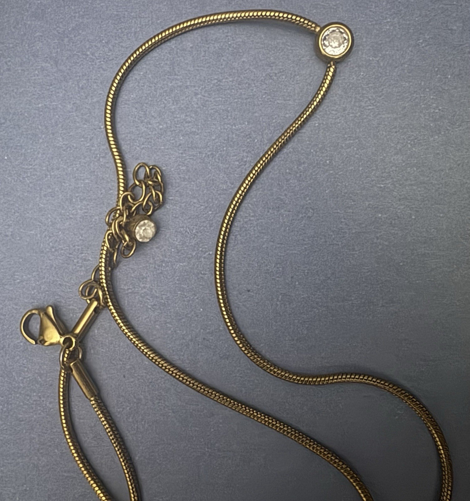 VTG Gold Tone Bezel Set Small Round CZ On A Snake Chain 16in With 3In Extender