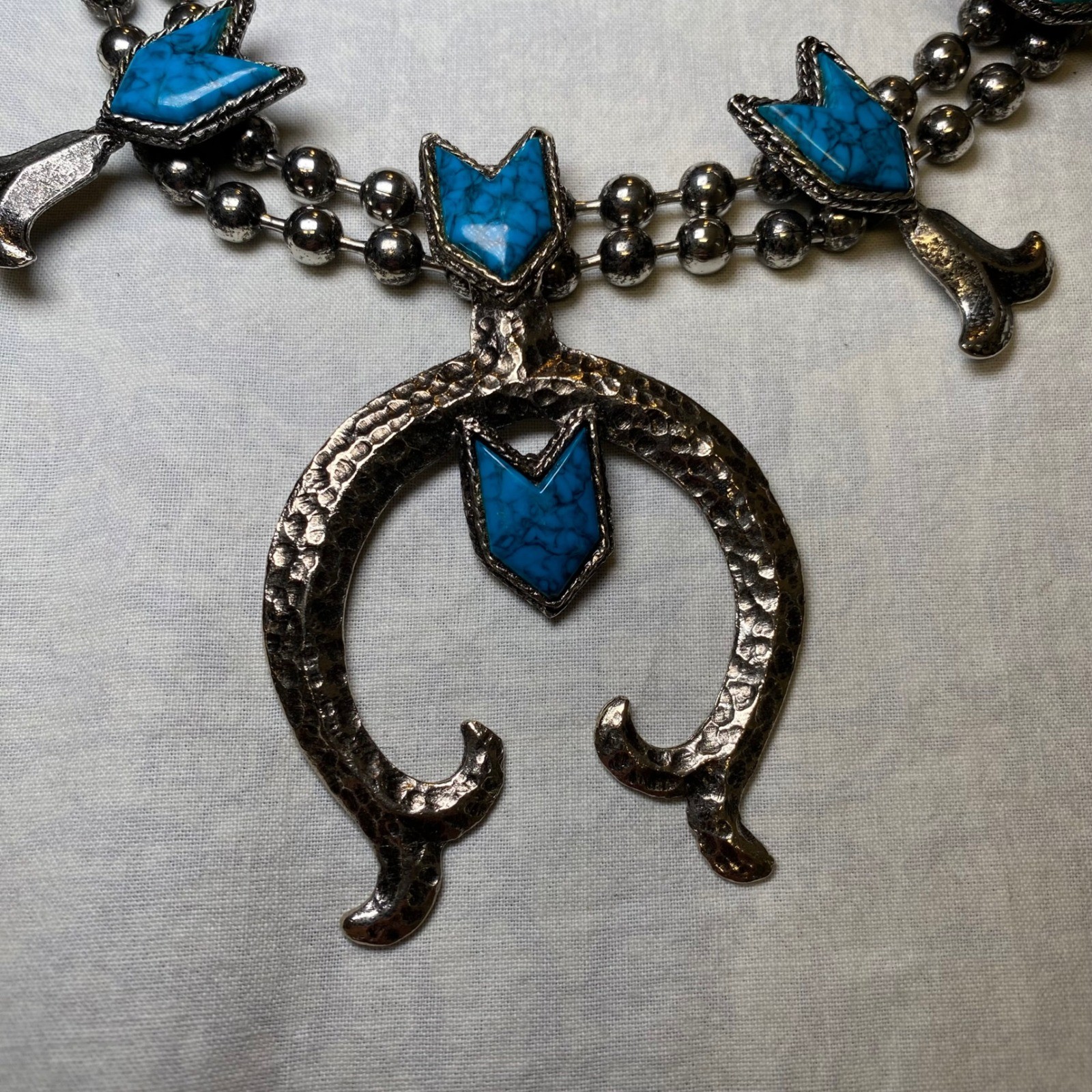 Vintage Southwestern Squash Blossom Style Necklace Turquoise Look Silver Tone