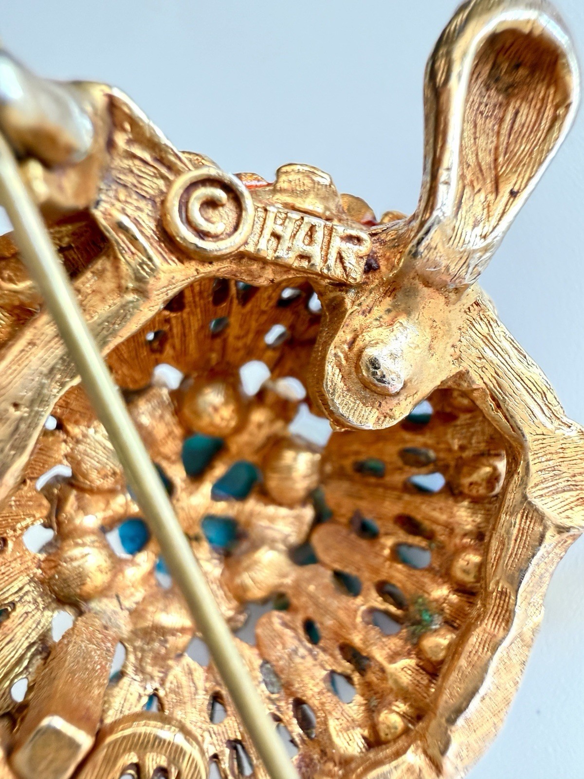 HAR Turtle Brooch Pin Rare Mid Century Turquoise Tiered Rhinestone Statement!!