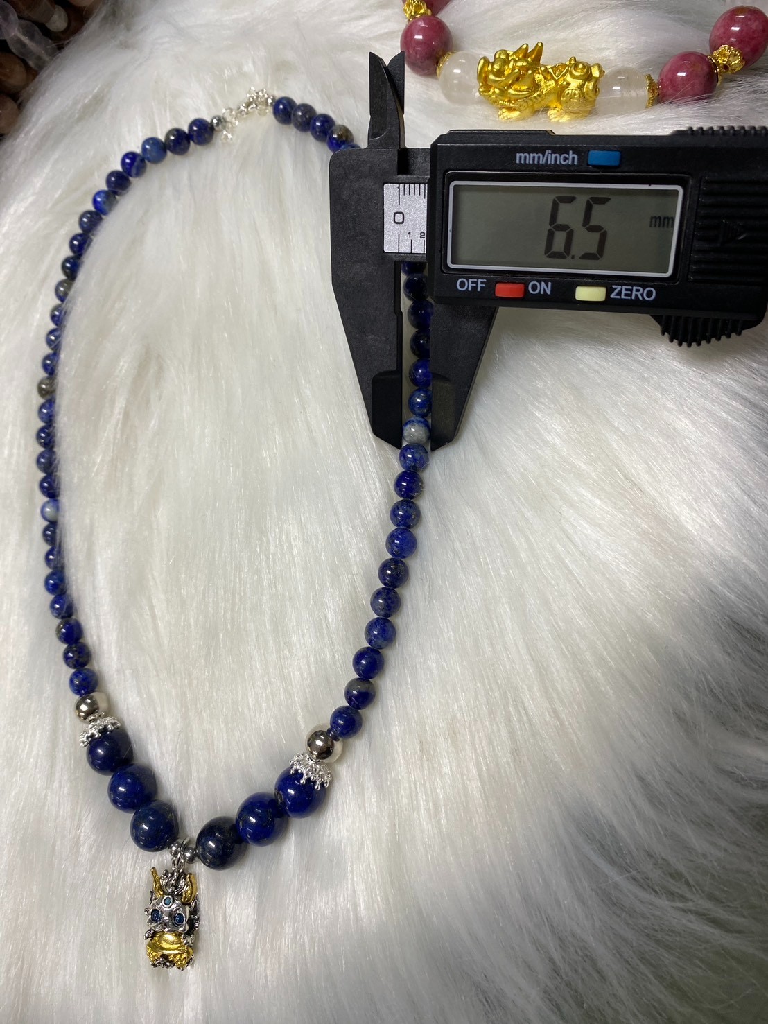 Natural Lapis Lazuli Beaded Necklace with Chinese Dragon Pendant Protection Amul