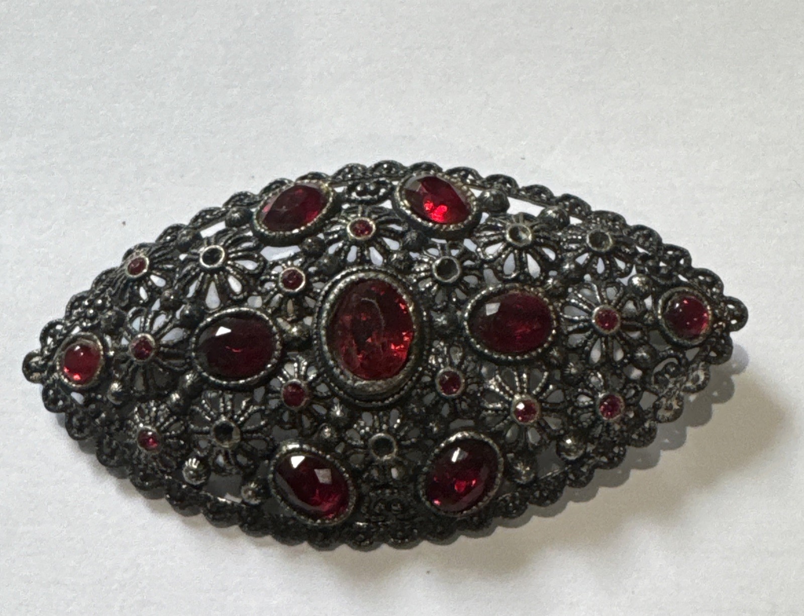 Antique New England NE Glass Works Large Brooch Red Rhinestone Floral Filigree3”