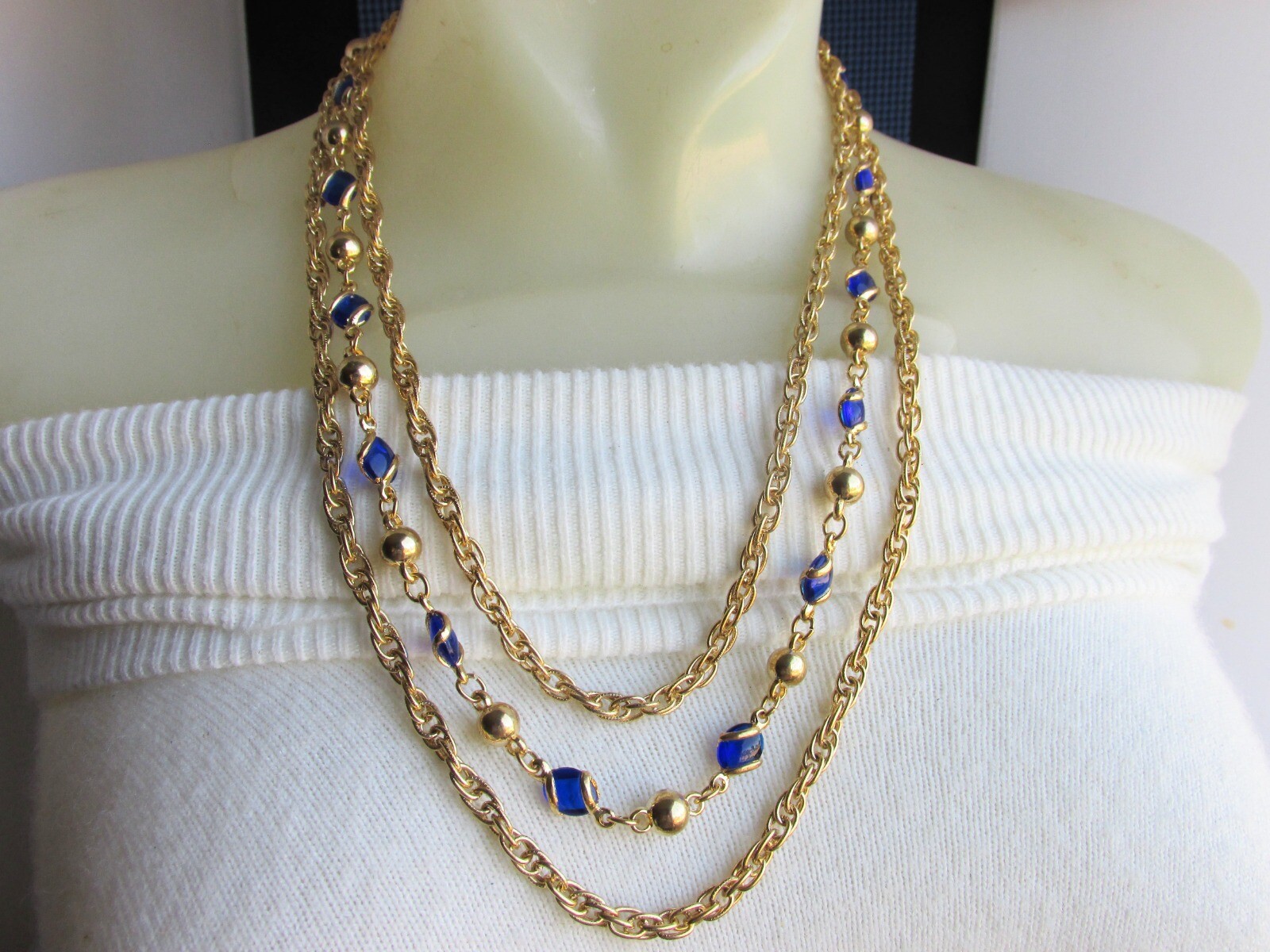 Vintage Electric Blue Glass & Metal Bead Necklace 3 Rows Gold Plate