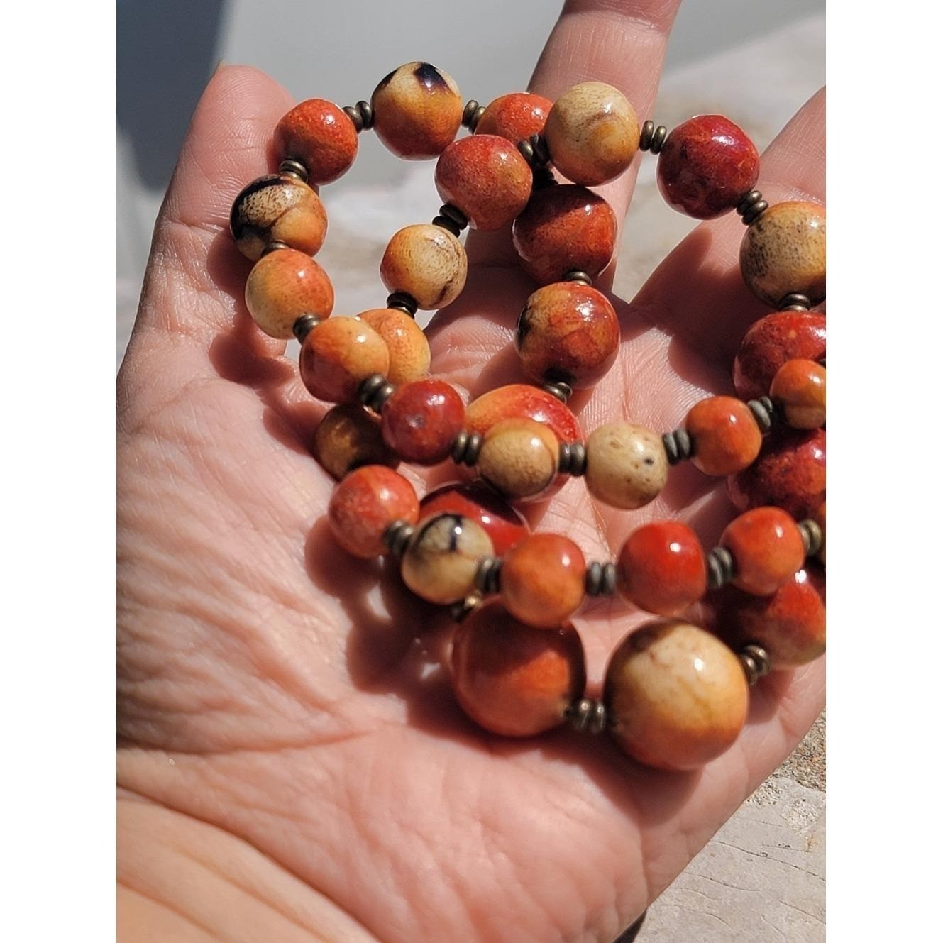 Vintage Sponge Coral Bead Necklace 23″ Orange Red Cream Graduated Brass Spacer