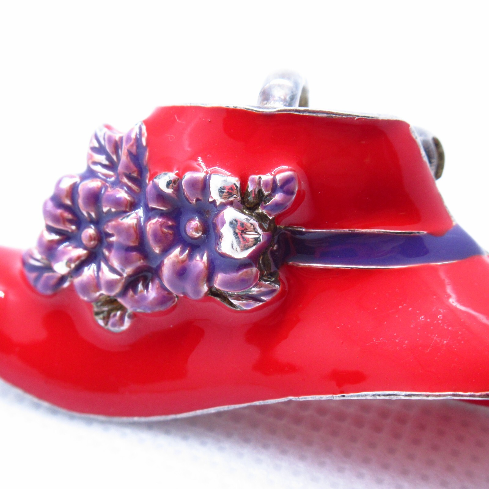 Vintage Red Hat Brooch Necklace Charm Purple Flowers Ribbon Design