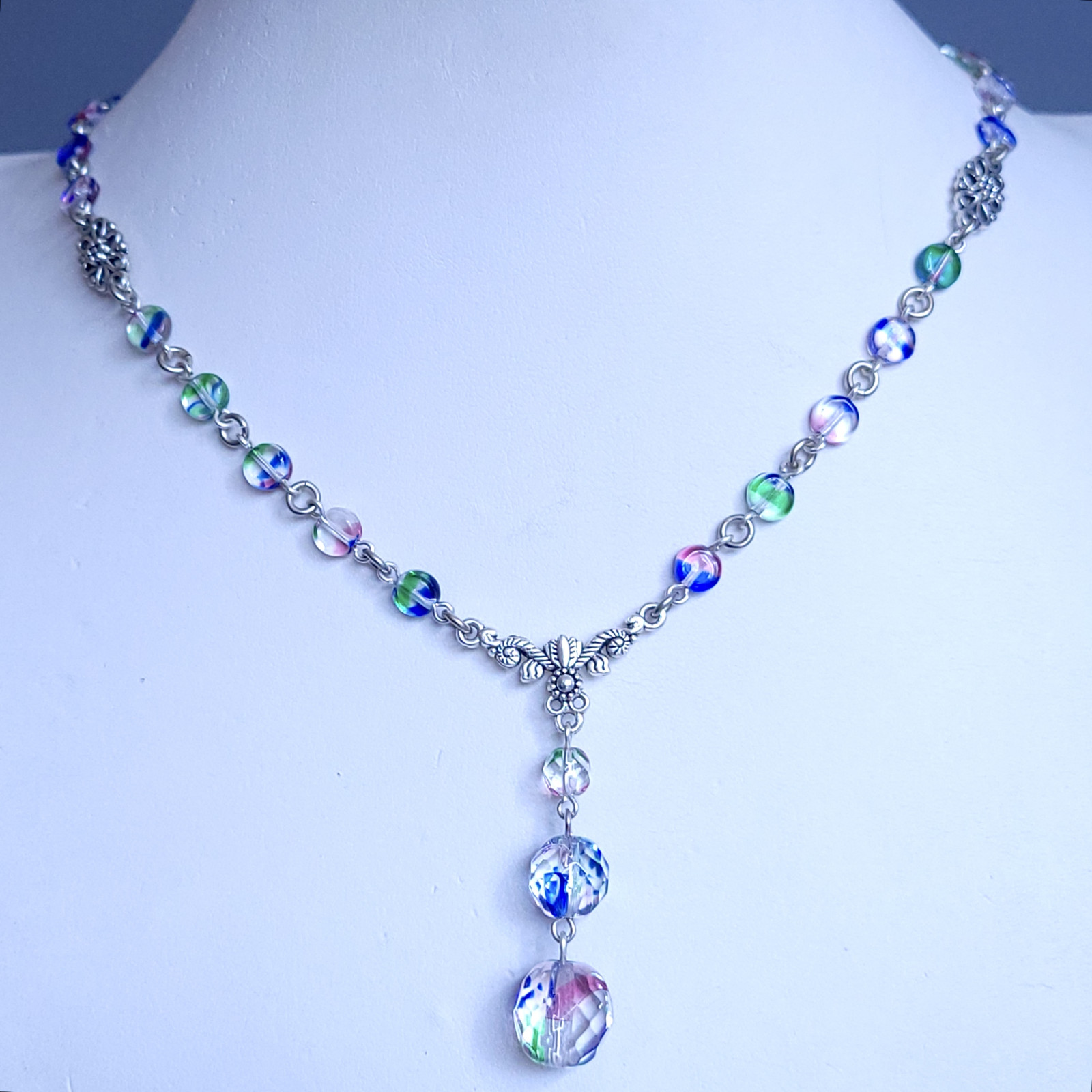 Iris Glass Necklace 19” Multicolor Czech Vintage Beads Women`s Jewelry