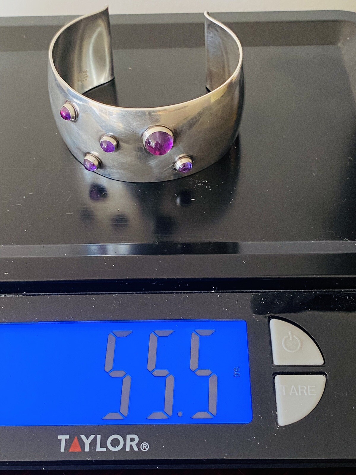 Heavy Vintage N E FROM Denmark Sterling Silver Amethyst Modernist Cuff Bracelet