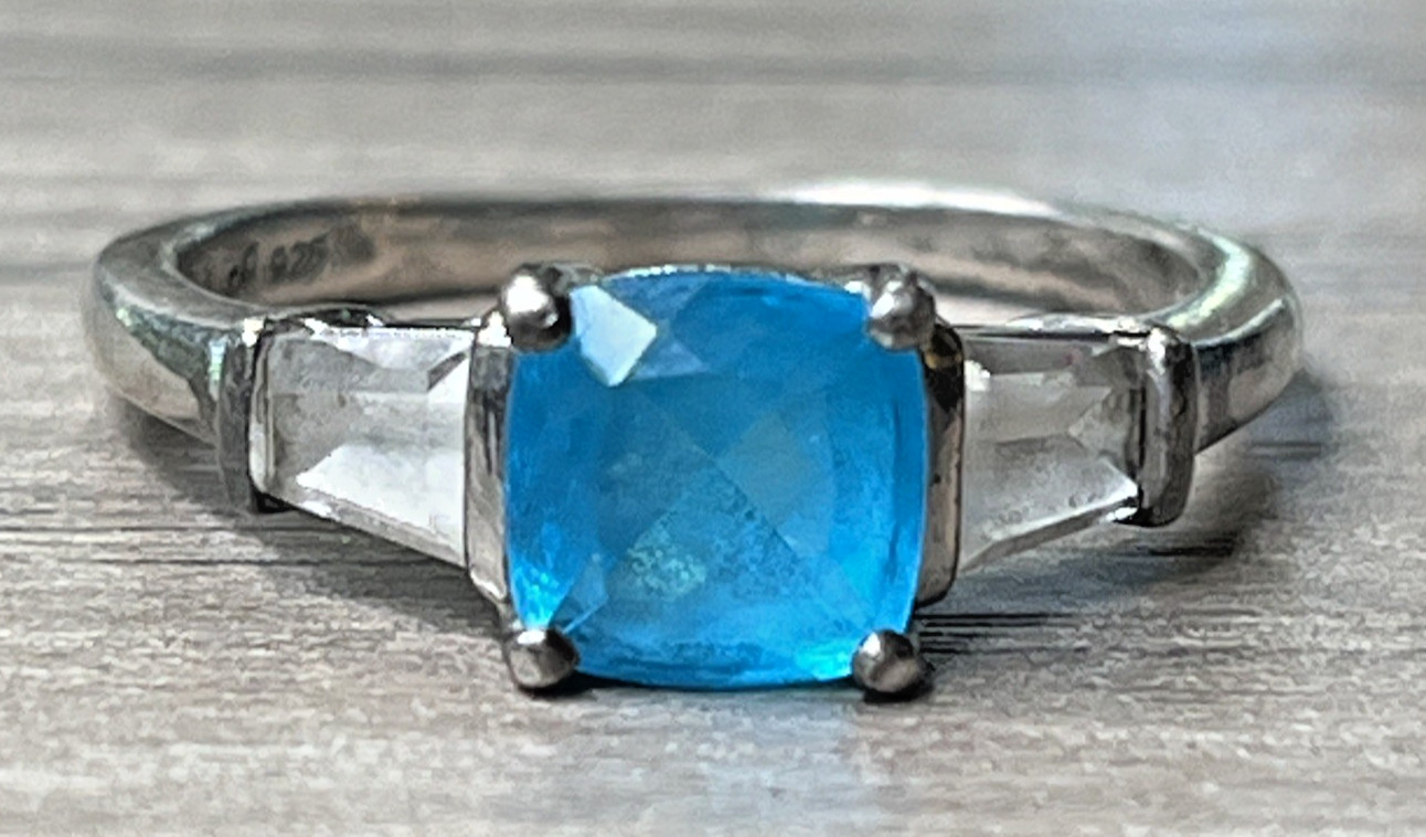 Signed Vintage Sterling 925 Sky Ice Blue Topaz White Topaz Accents Ring SZ 8 3g